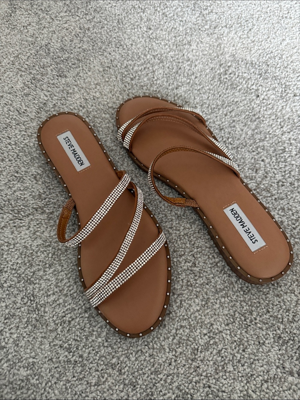 Steve Madden Brown Strappy Rhinestone Flat Sandals